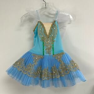 Unbranded Girls Blue & Gold Pearl Embellished Tulle Ballerina Dress 8/10